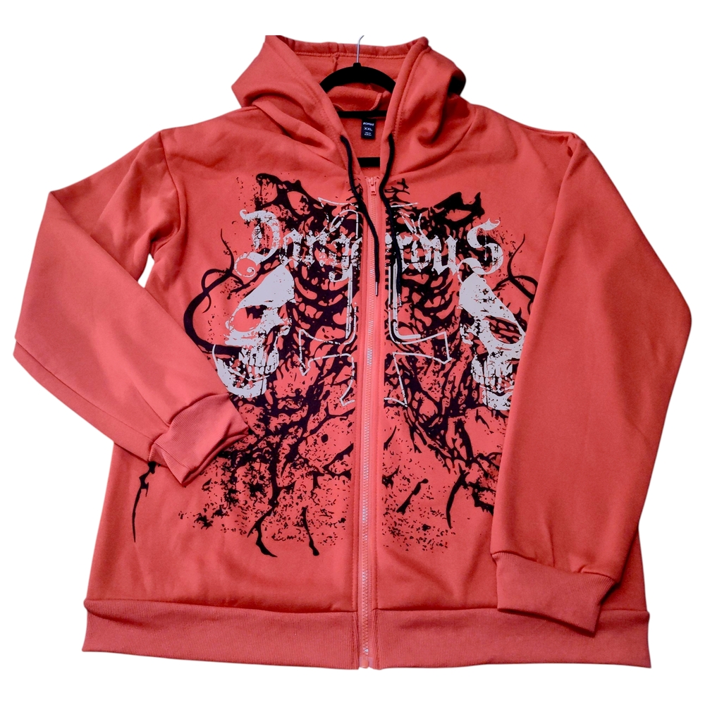 ROMWE Grunge Punk Red Skull Print Hoodie - Red Black - Mens XXL
